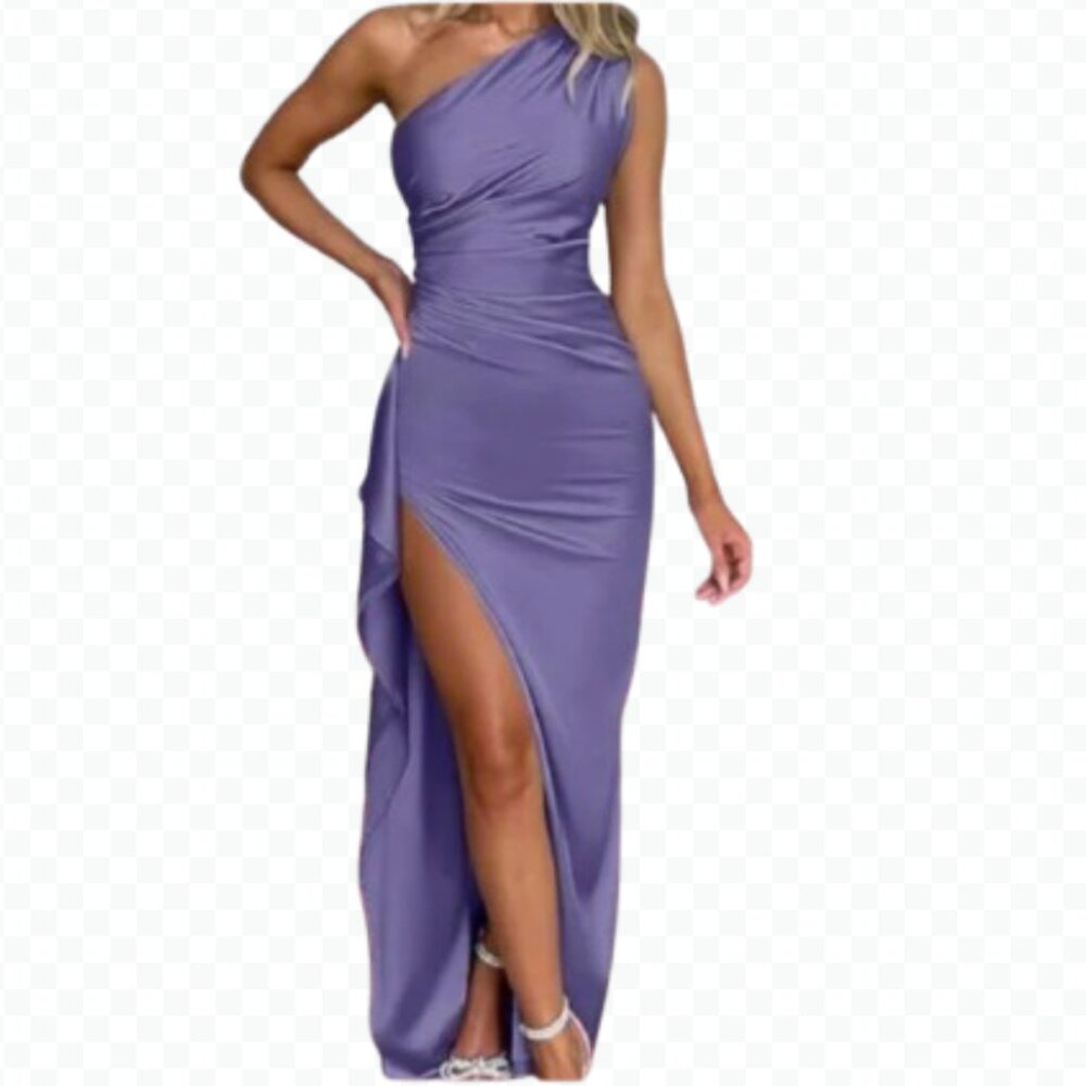 NWT (L) Memoriesea Women's Sexy One Shoulder High Split Lavendar Gown